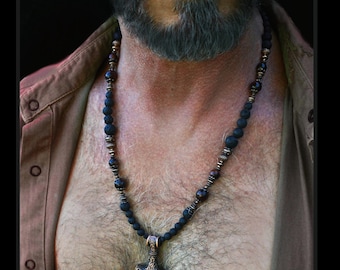 Copper Viking Thor Hammer stone Necklace / Lava & Tiger Eye gems Beads / masculine Norse jewelry