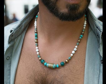 Men's Turquoise gemstone beaded necklace / minimalist multi stone women jewelry / boho ethnic hippie jewellery