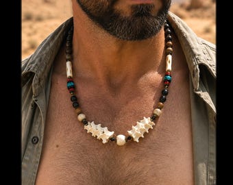 Sjamanistische tribale edelstenen ketting / sieraden met slangenbotten en Hubei-turkoois / robuuste, rustieke inheemse herensieraden