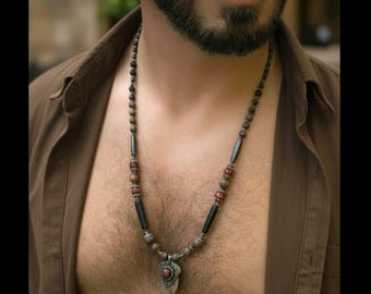 Men's Arrowhead Pendant long Necklace / Tiger Eye and Agate gemstones / ethnic tribal copper jewelry