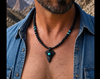 Megalodon shark tooth handmade necklace / ethnic tribal surfer jewelry / protection jewellery gift for men