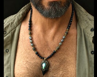 Collar con colgante de punta de flecha de labradorita, piedra preciosa, joyería étnica oriental medieval, regalo de aniversario para ella