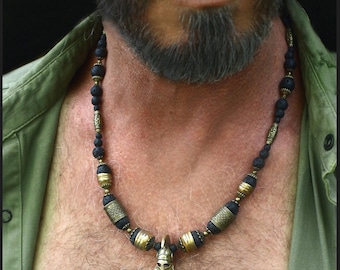 Spartan Helmet Pendant Necklace / Lava Stone & Antique Bronze / masculine gift / jewellery for him