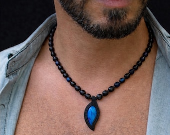 mens blue Labradorite gemstone necklace / black Onyx, Lava stones / boho jewelry gift for him