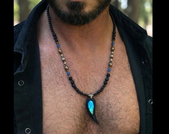 labradorite gemstone pendant necklace  / spiritual statement crystal jewellery / boho ethnic tribal jewelry for him