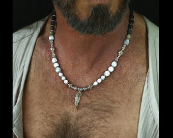 cool gemstone necklace for men and women / howlite gems beads jewellery / white beaded jewellery for surfers / eye catching fancy necklace