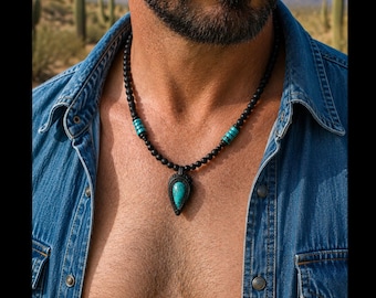 Handcrafted Hubei Turquoise Pendant Necklace / lava black Onyx beaded jewellery / boho style unisex jewelry