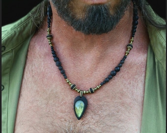 Labradorite Pendant gemstone beaded Necklace / oriental ethnic mystic jewelry birthday gift