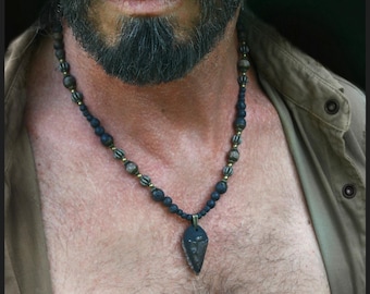 Rustic Arrowhead Jasper stone Necklace / Handcrafted Tribal Gemstone Jewelry / country style gift for man
