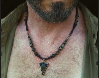 Arrowhead Jasper Pendant Necklace / lava Bronze onyx gems beads / native tribal earthy jewelry gift for him
