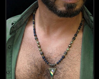 Labradorite gemstone pendant necklace for men / Jasper, Lava stones beads / rustic bronze handmade jewellery