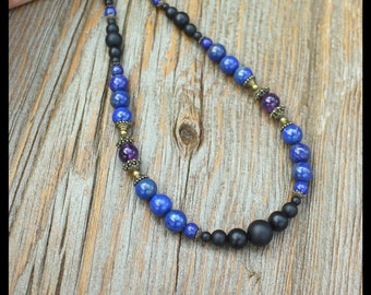 lapis lazuli elegant gemstone beaded charm necklace / boho style trendy jewelry for men / eye catching dainty beautiful multistone jewellery