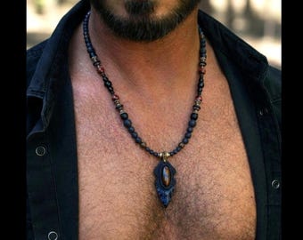Mexican Fire Agate arrowhead pendant Necklace / black Obsidian mystic Gemstone Beaded Jewelry for men