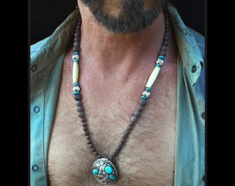 Vintage Turquoise Sterling Silver Pendant Necklace / native Indigenous Shamanic handmade Beaded Jewelry