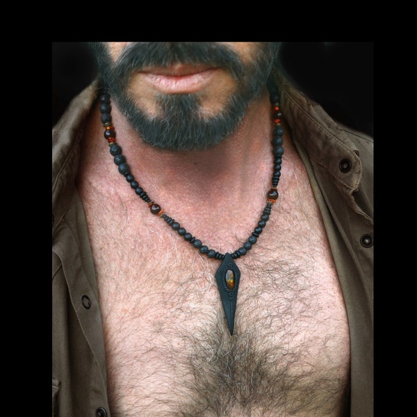Fire Agate gemstone beaded necklace / nature of man / naturedhomme / collana natura da uomo / masculine jewellery / Halskette für den Mann
