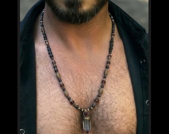 Smoky Quartz Pendant Necklace / Black crystal, Lava, Onyx gems beads / spiritual energy healing jewelry