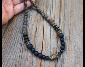 earthy rustic beaded stone necklace for men / brown with bronze masculine jewelry / ethnic chunky funky menswears / eveyday casual jewellery