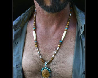 Sterling Silver genuine Turquoise Bone Pendant Necklace / handcrafted native ethnic western boho vintage jewelry