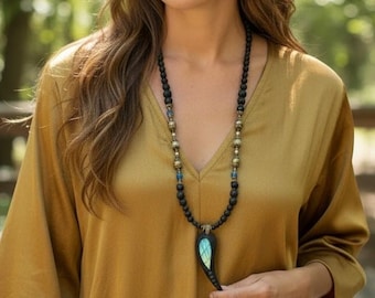labradorite crystal beaded necklace / black with gold stone lava jewelry / handmade bohemian unisex gift