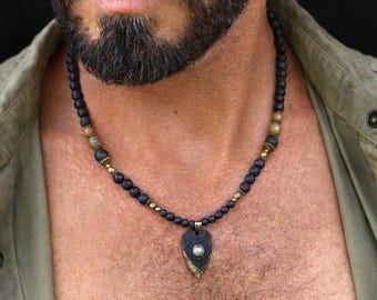 Mens Arrowhead gemstone rustic Necklace / Jasper, Lava Stone, Agate stones beads / handcrafted gift for boyfriend
