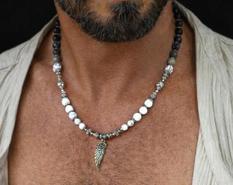 Howlite stone Wing Pendant Necklace: Natural Gemstone Beads / ethnic tribal white jewelry for surfers