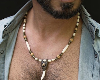 shark tooth European handmade necklace / ethnic tribal surfer jewelry / protection jewellery gift for guys