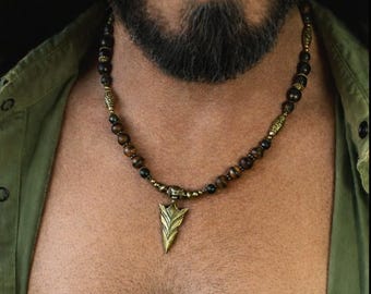 Mens Tribal Beaded Necklace / Bronze Arrowhead Pendant, Jade & Agate Gemstone beads / gift for dad