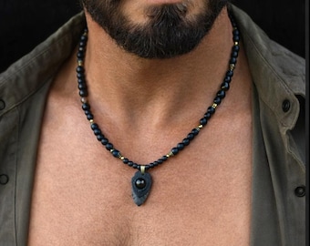 Mens Agate Arrowhead Pendant Necklace / Lava, Onyx gemstone beads / rustic native jewelry gift for boyfriend