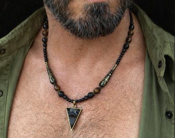 Arrowhead Jasper Pendant Necklace / lava Bronze onyx gems beads / native tribal earthy jewelry gift for him