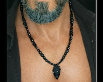 black Obsidian Arrowhead gemstone Necklace / natural Garnet & Lava Stone / charming jewelry for bikers