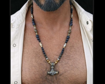 Men's viking Northern metal necklace / Bronzite & Jasper gems /masculine chunky jewellery for him