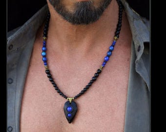 Arrowhead gemstone Necklace for men / black Obsidian, blue Lapis Lazuli stones / statement spiritual jewellery