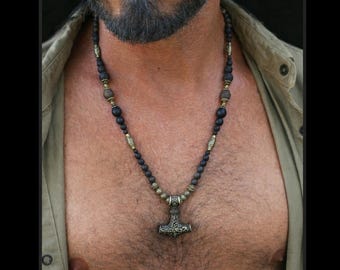 Thor Hammer bronze Pendant Necklace / Lava & Onyx gems beads / Viking Jewelry gift for man