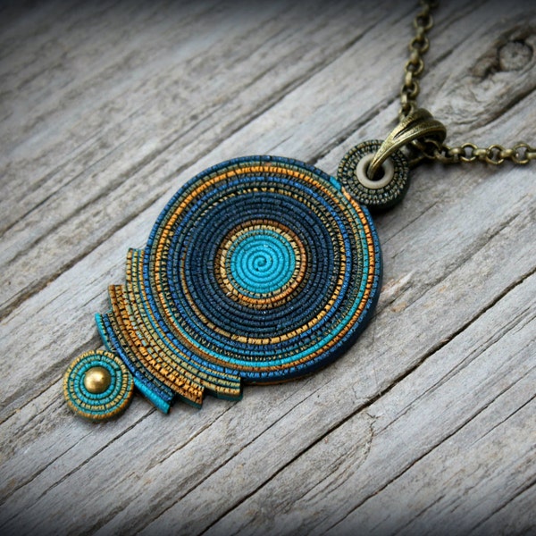 Bohemian polymer clay pendant Statement necklace fairy earthy mandala gypsy psychedelic wearable art green jewel