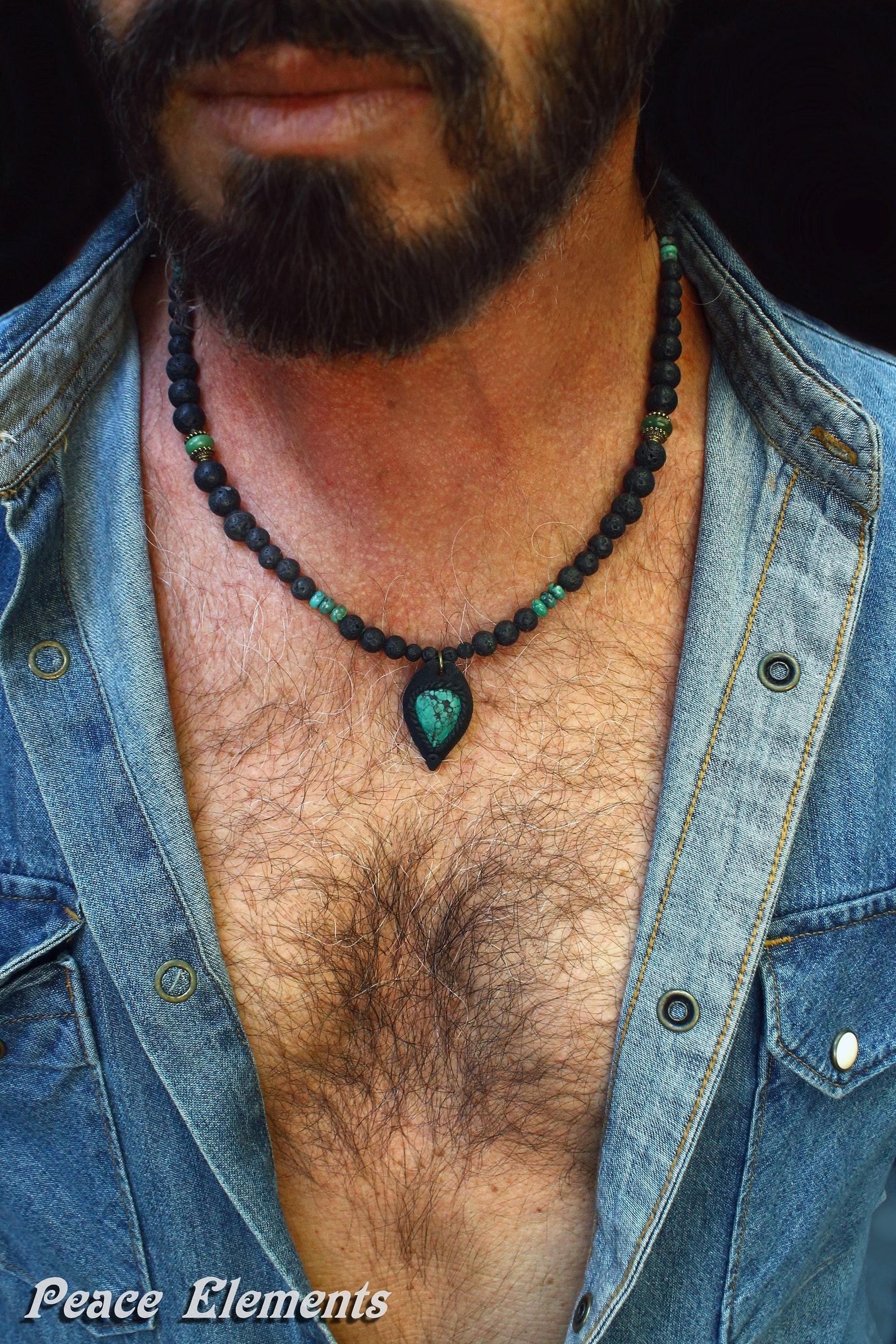 Turquoise Gemstone Necklace / Black and Turquoise Mens Jewelry Etsy