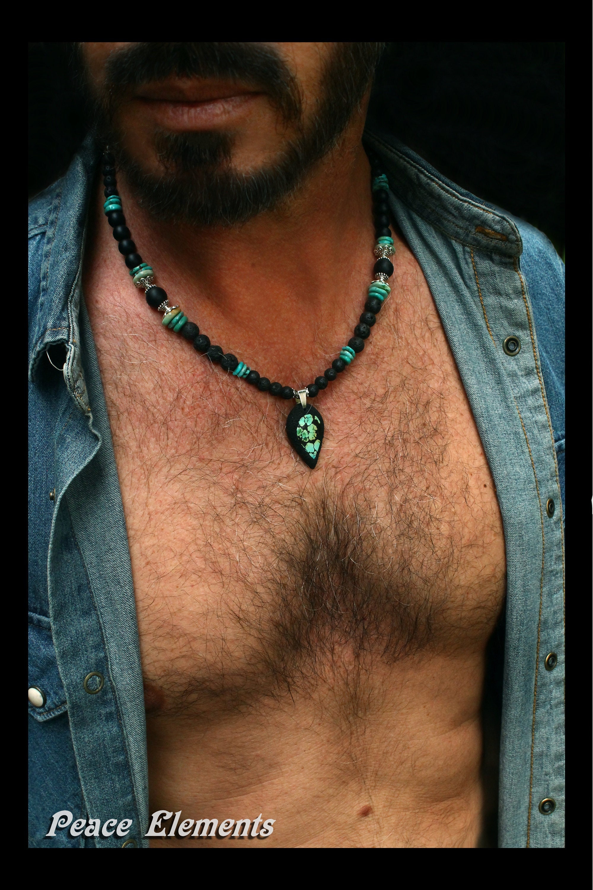 Turquoise Gemstone Necklace / Black and Turquoise Mens Jewelry Etsy