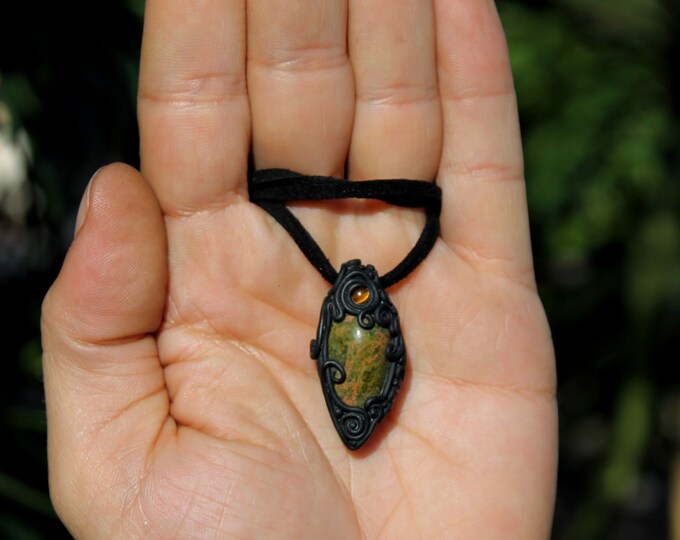 Unakite Stone Pendant Necklace Polymer Clay Tiger Eye Handmade