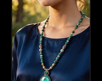 malachite gemstone long beaded necklace / medieval spirit earthy handcrafted clay pendant / gift for woman