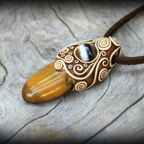 African gemstone Polymer clay pendant, Agate Tiger eye jewelry, ethnic,boho, tribal, hippie