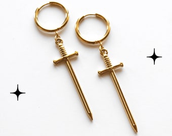 Gothic Punk Sword Hoop Earrings | 18k Gold Plated Stainless Steel