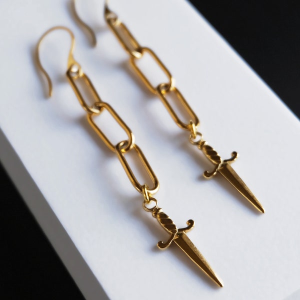 Gothic Dagger Long Chain Earrings | Knightcore Punk Dark Style Aesthetic | Dangle & Drop | 18k Gold Plated Stainless Steel