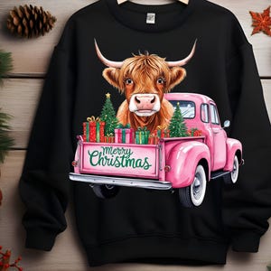 Highland Cow PNG for Shirts, Sweatshirts, Ornaments | Christmas Cow PNG | Pink Highland Cow PNG