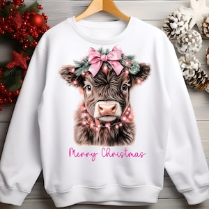 Highland Cow PNG for Shirts, Sweatshirts, Ornaments | Pink Coquette Cow | Merry and Bright Christmas Cow PNG | Highland Cow PNG