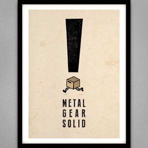 May include: A minimalist poster featuring a black exclamation mark and a cartoon character running in a cardboard box. The text "METAL GEAR SOLID" is printed below the image.