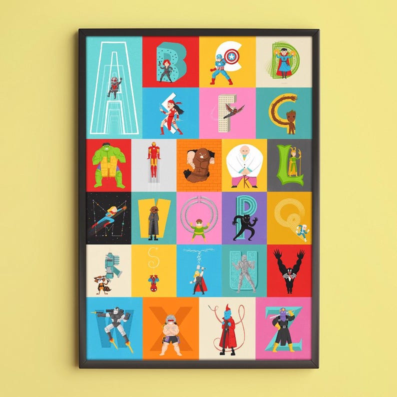 Póster ilustrado con el alfabeto ABC de MARVEL, regalo para pared