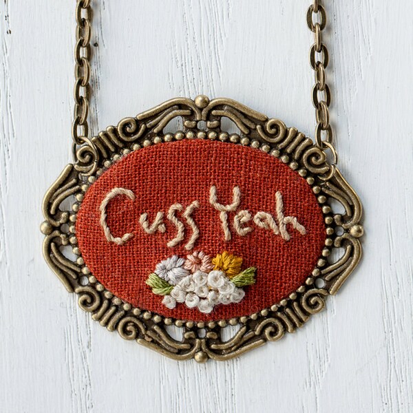 Hand Embroidered Custom Saying Necklace with Flowers . Custom Jewelry by Gulush Threads