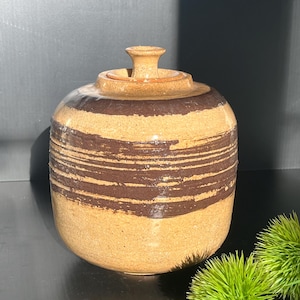 Puede incluir: Un tarro de cerámica con tapa. El tarro es de color beige con rayas horizontales marrones. La tapa tiene un pequeño asa. El tarro está sobre una superficie negra con follaje verde en la esquina. El tarro mide unos 15 cm de alto.