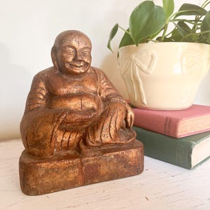 Vintage Gilded Wood Buddha Statue - Hand-Carved, Rustic Gold Patina - 6.75&quot; Tall