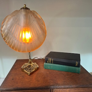 Vintage Art Decor Shell Lamp with Roses and Leaves, Brass and Frosted Glass