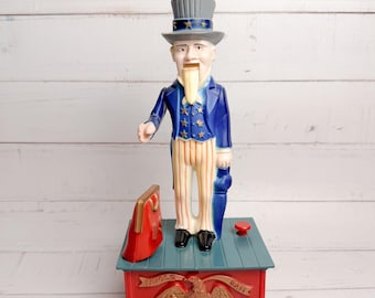 Vintage Uncle Sam Mechanical Coin Bank, Patriotic Plastic Toy Bank